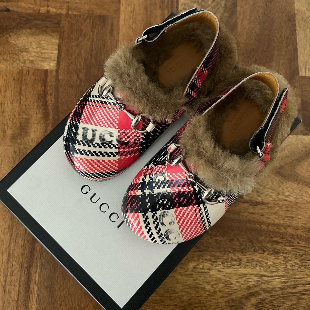 Gucci Kids Red Plaid Slippers with Brown Fur Trim Size 25 EU 8 US - Picture 4 of 4